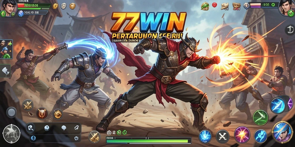 Screenshot utama 77WIN menampilkan aksi pertempuran intens dan grafis stunning.
